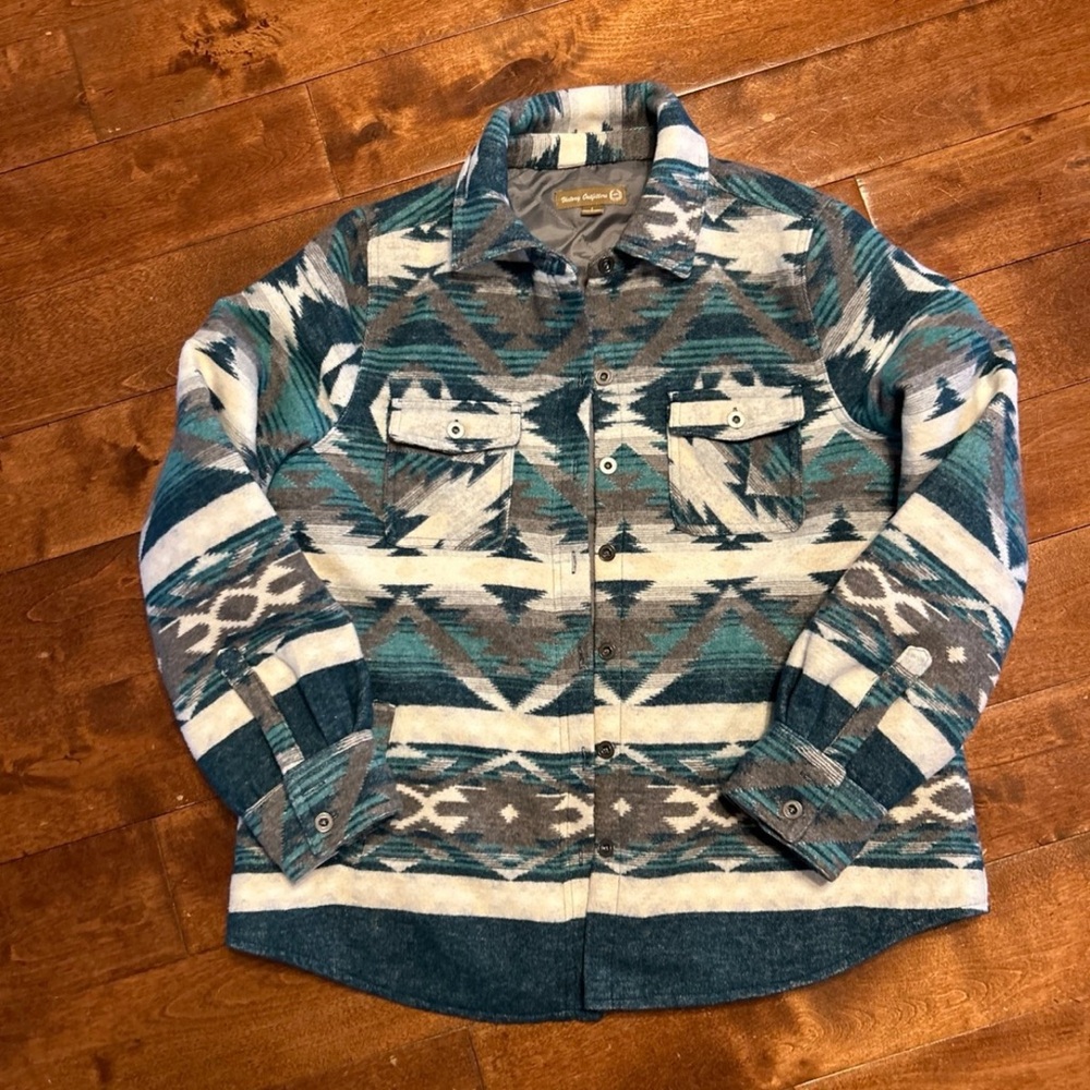 Teal And Gray Patterned Button-Up Jacket - image 1